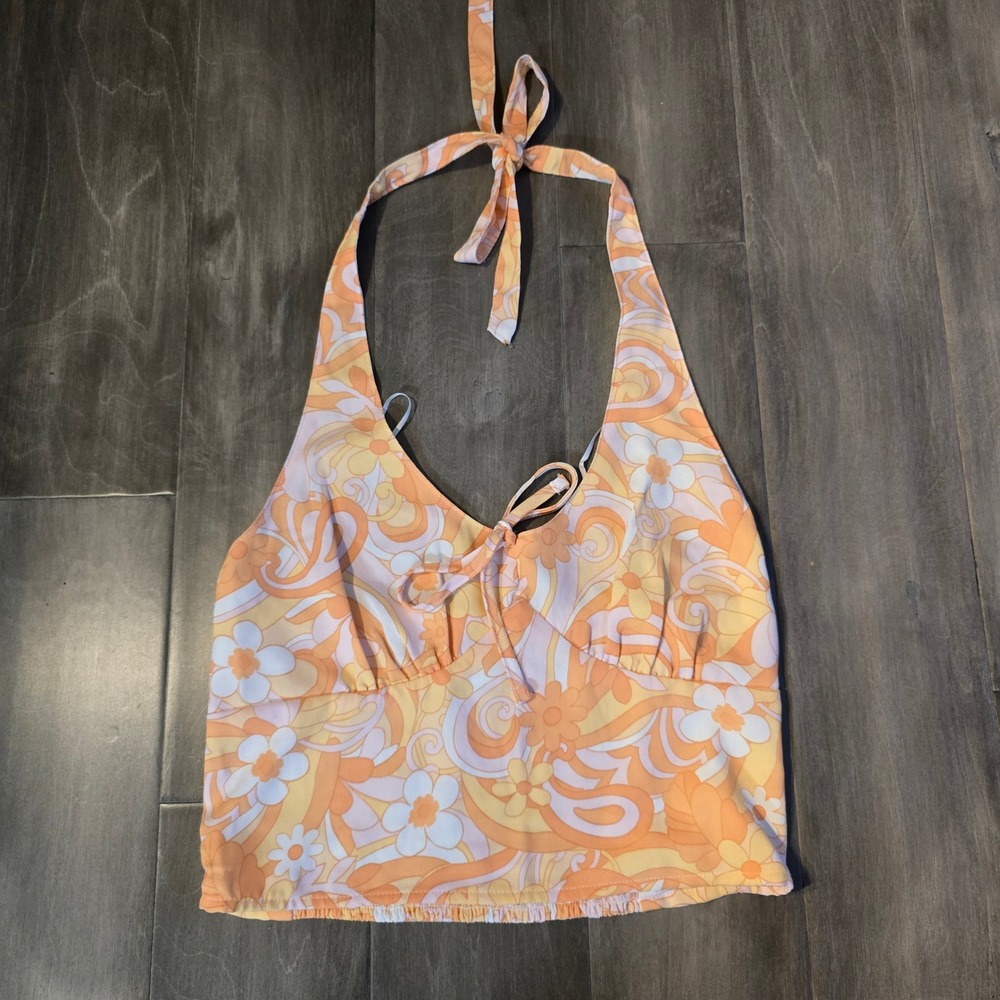 Hollister Orange Psychedelic Floral Halter Top Smocked Back Retro Crop Medium